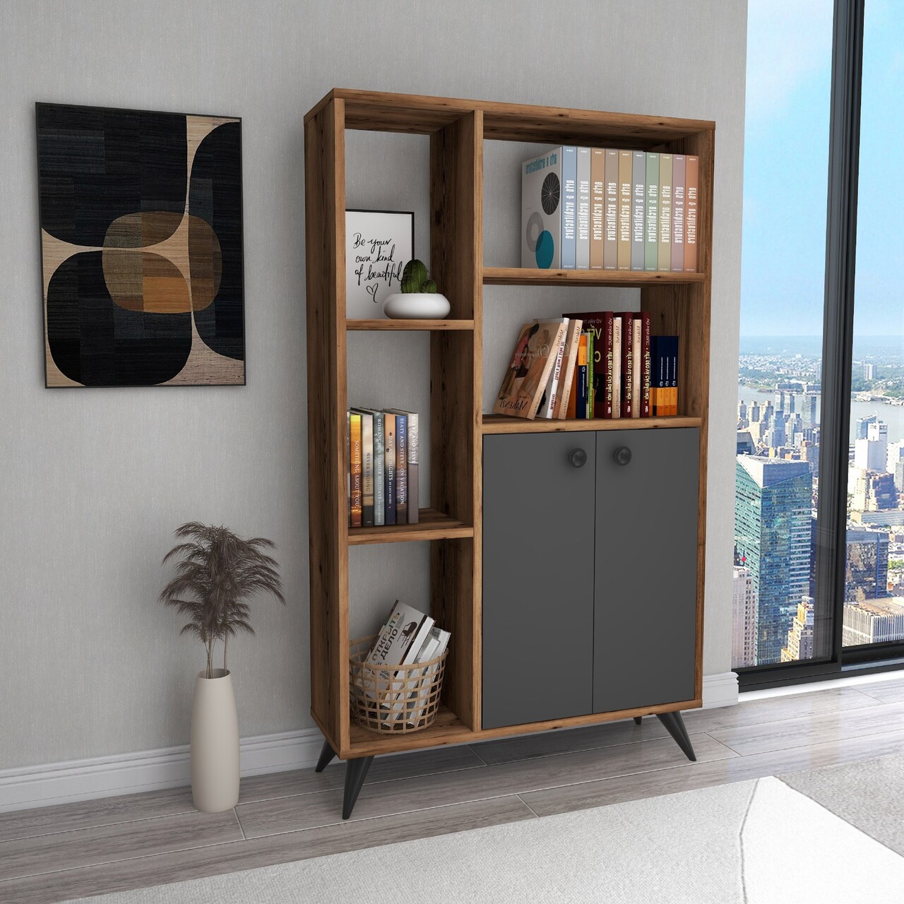 Corp biblioteca, Hanah Home, Meldan, 135.6x80x25 cm, Nuc deschis / Antracit - imagine 6
